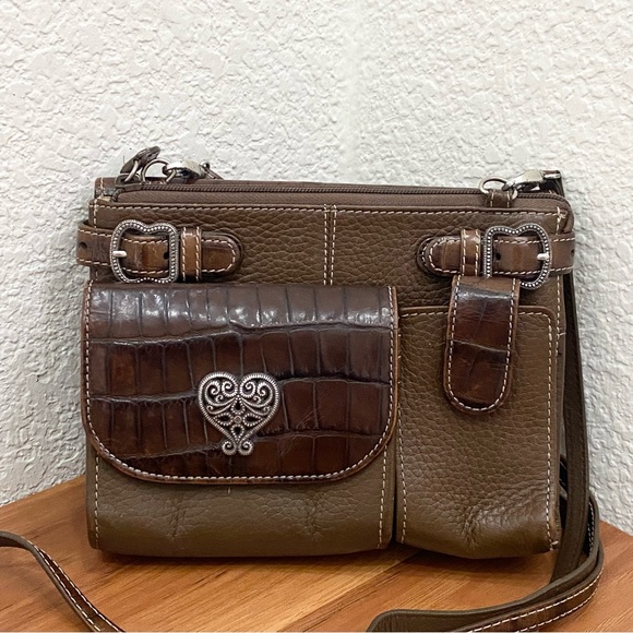 Vintage BRIGHTON Brown Olive Croc Embossed Leather Multifunction Crossbody Bag - Picture 3 of 16